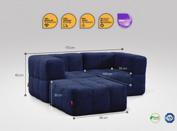 3-teiliges EEAZI Sofa – 2 Eckelementelemmel, 1 Hockerval, in blauer Farbe
