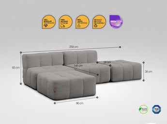 4-teiliges EEAZI-Sofa– 2 Mittelelemente, 2 Hocker, in grauer Farbe, Version 1