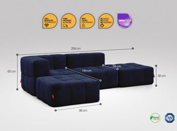 4-teiliges EEAZI-Sofa– 1 Eckelement, 1 Mittelelement, 2 Hocker, in blauer Farbe
