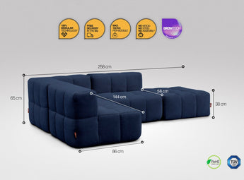 4-teiliges EEAZI-Sofa– 1 Eckelement, 2 Mittelelemente, 1 Hocker, in blauer Farbe, Version 3
