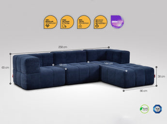 4-teiliges EEAZI-Sofa– 2 Eckelement, 1 Mittelelement, 1 Hocker, in blauer Farbe
