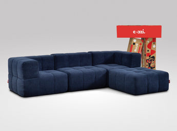 EEAZI modulares Sofa 2 Eckelementelem, 1 Mittelelement, 1 Hocker in Kombination, in blauer Farbe
