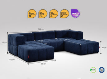 5-teiliges EEAZI Sofa – 2 Eckelement, 1 Mittelelement, 2 Hocker, in blauer Farbe, Version 1