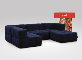 EEAZI modulares Sofa 2 Eckelementelem, 2 Mittelelemente, 1 Hocker in Kombination, in blauer Farbe