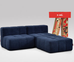 EEAZI modulares Sofa 2 Mittelelemente, 1 Hocker in Kombination, in blauer Farbe