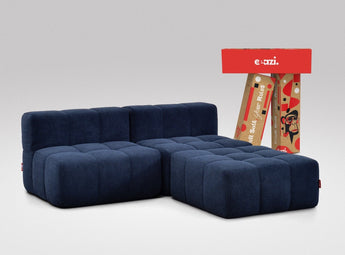 EEAZI modulares Sofa 2 Mittelelemente, 1 Hocker in Kombination, in blauer Farbe