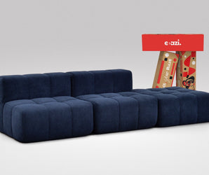 EEAZI modulares Sofa 2 Mittelelemente, 1 Hocker in Kombination, in blauer Farbe