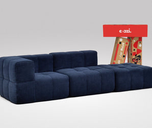 EEAZI modulares Sofa 1 Eckelement, 1 Mittelelement, 1 Hocker in Kombination, in blauer Farbe