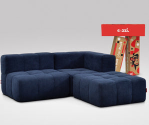 EEAZI modulares Sofa 1 Eckelement, 1 Mittelelement, 1 Hocker in Kombination, in blauer Farbe