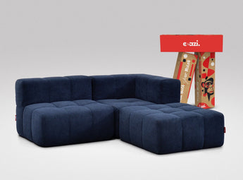 EEAZI modulares Sofa 1 Eckelement, 1 Mittelelement, 1 Hocker in Kombination, in blauer Farbe