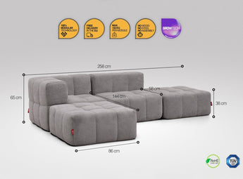 4-teiliges EEAZI-Sofa– 1 Eckelement, 1 Mittelelement, 2 Hocker, in grauer Farbe