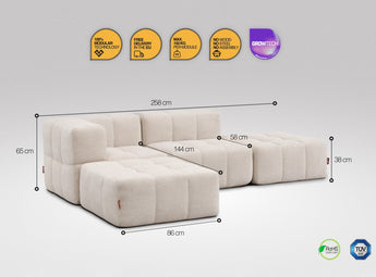 4-teiliges EEAZI-Sofa– 1 Eckelement, 1 Mittelelement, 2 Hocker, in beiger Farbe