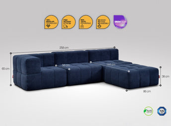 4-teiliges EEAZI-Sofa– 1 Eckelement, 2 Mittelelemente, 1 Hocker, in blauer Farbe, Version 2