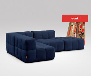 EEAZI modulares Sofa 1 Eckelement, 2 Mittelelemente, 1 Hocker in Kombination, in blauer Farbe
