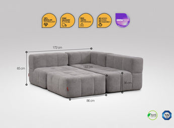 4-teiliges EEAZI-Sofa– 1 Eckelement, 2 Mittelelemente, 1 Hocker, in grauer Farbe, Version 1