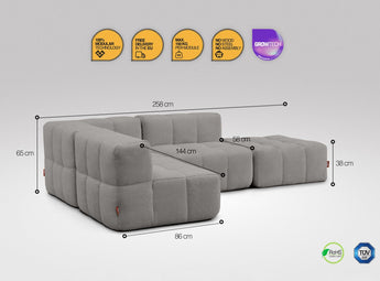 4-teiliges EEAZI-Sofa– 1 Eckelement, 2 Mittelelemente, 1 Hocker, in grauer Farbe, Version 3