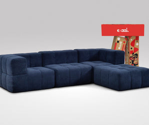 EEAZI modulares Sofa 2 Eckelementelem, 1 Mittelelement, 1 Hocker in Kombination, in blauer Farbe