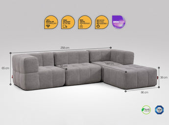 4-teiliges EEAZI-Sofa– 2 Eckelement, 1 Mittelelement, 1 Hocker, in grauer Farbe