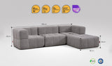 4-teiliges EEAZI-Sofa– 2 Eckelement, 1 Mittelelement, 1 Hocker, in grauer Farbe