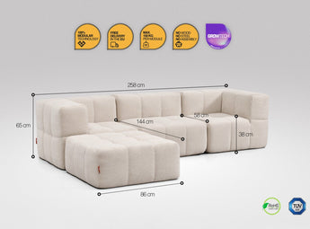 4-teiliges EEAZI-Sofa– 2 Eckelement, 1 Mittelelement, 1 Hocker, in beiger Farbe