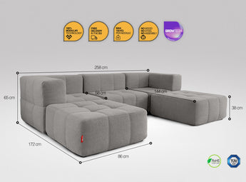 5-teiliges EEAZI Sofa – 2 Eckelement, 1 Mittelelement, 2 Hocker, in grauer Farbe, Version 1