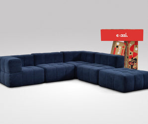 EEAZI modulares Sofa 2 Eckelementelem, 2 Mittelelemente, 1 Hocker in Kombination, in blauer Farbe