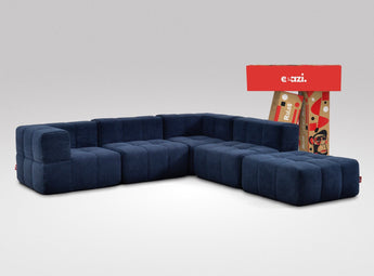EEAZI modulares Sofa 2 Eckelementelem, 2 Mittelelemente, 1 Hocker in Kombination, in blauer Farbe