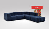 EEAZI modulares Sofa 2 Eckelementelem, 2 Mittelelemente, 1 Hocker in Kombination, in blauer Farbe