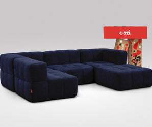 EEAZI modulares Sofa 2 Eckelementelem, 2 Mittelelemente, 1 Hocker in Kombination, in blauer Farbe