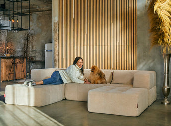 EEAZI modulares Sofa im Interieur – Premium-Design, beige Farbe, stilvoll im Wohnzimmerambiente